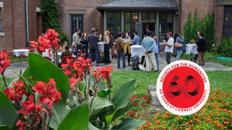 Photo of an event on the patio at the A.D. White House, overlayed with the SHUM 60th Anniversary Logo