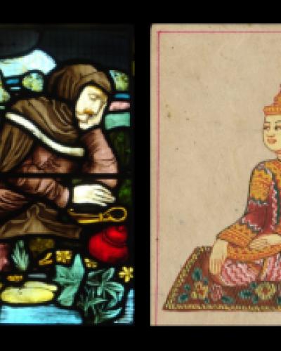 Stained glass depiction of Langland in a dream next to a painting of King Ekkathat of Thailand meditating