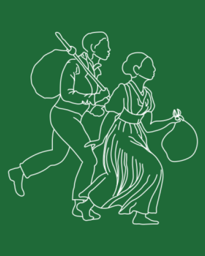 outline of a man and women running, carrying sacks of their belongings