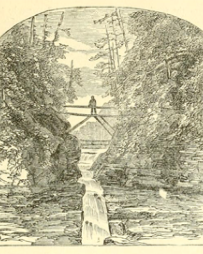 An engraving from 19th century of a bridge over a gorge in Ithaca 